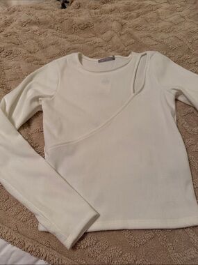 Ribbed Asymmetric Seam Long Sleeve Top - Cream